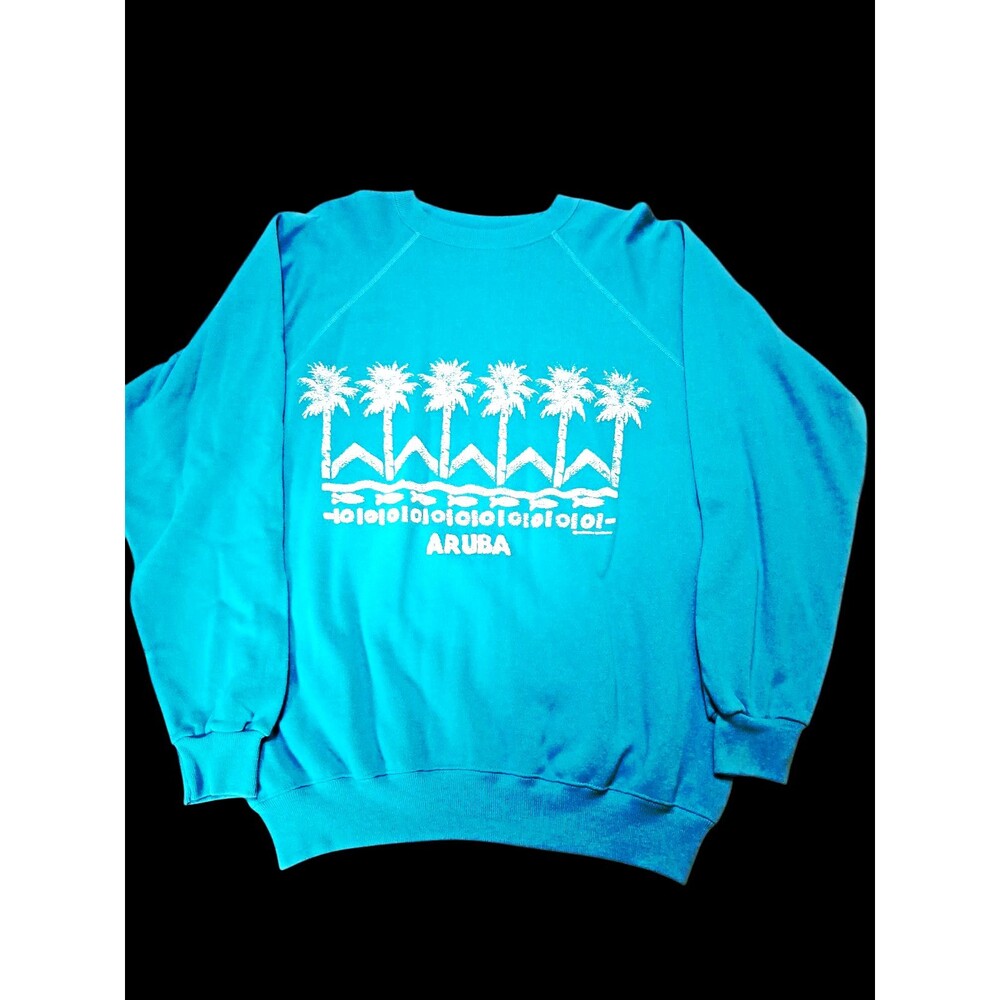 Vintage 90s Aruba Sweatshirt Womens XL Teal Palm Trees Raglan Crewneck Tourist